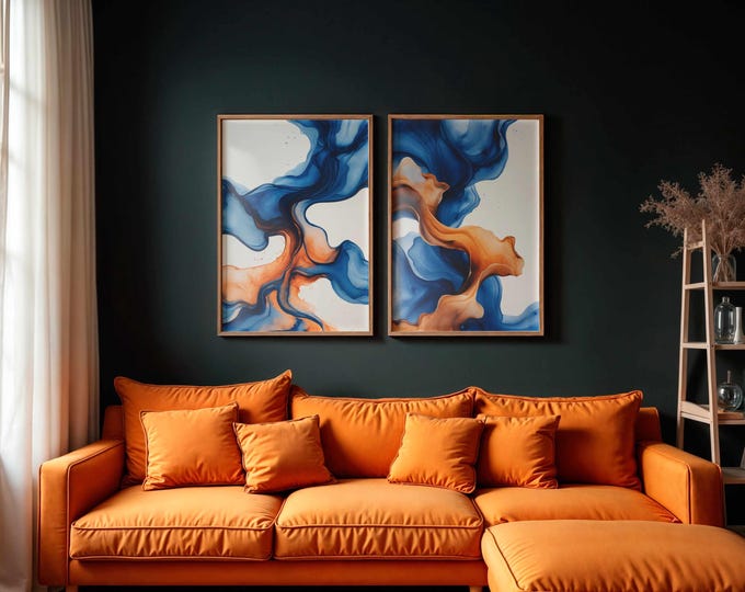Abstract Wave Art Prints Set of 3: Orange and Blue Geometric Decor, Digital Download