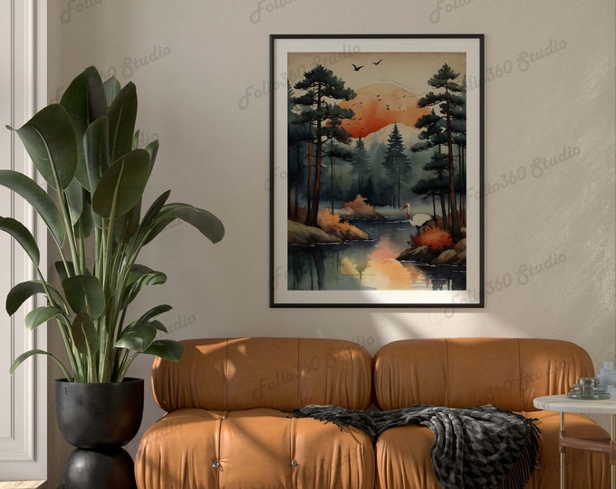Japanese Crane Watercolor Wall Art: Vintage Asian Garden Wall Decor (Digital Download)