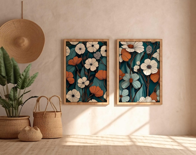 Teal and Burnt Orange Botanical Print Set: Abstract Floral Wall Art (Digital Download)