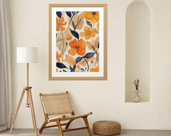 Floral Watercolor Wall Art Set of 3, Mustard Orange Botanical Prints, Navy Blue Modern Decor, Digital Download