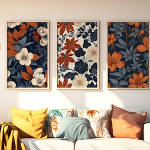 Botanical Indigo Blue Burnt Orange Wall Art Mid Century Modern Art Set of 3 Floral Minimalist Art Boho Wall Decor Botanical Printable Art