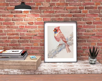 Lámina artística de cardenal rojo en acuarela: Decoración de pared con motivos de aves para casas de campo (Descarga digital)