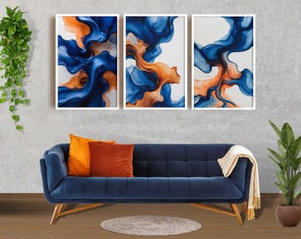 Navy Blue Orange Abstract Fluid Wall Art Set