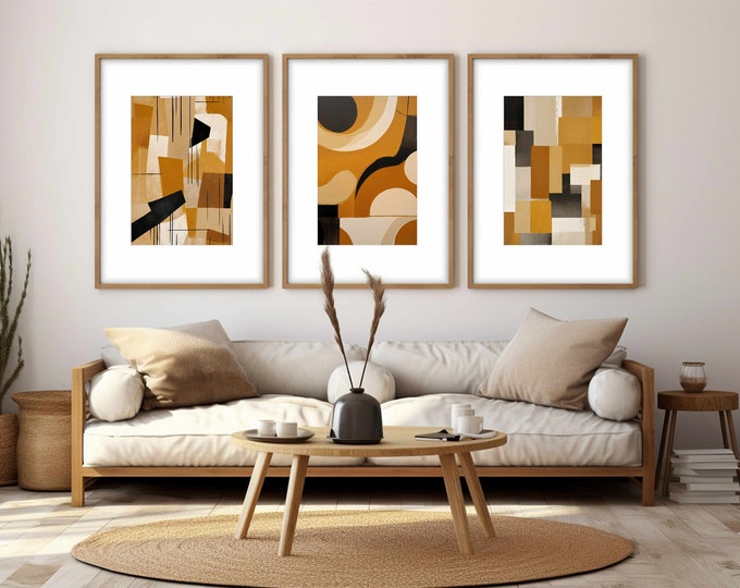 Mustard Yellow Abstract Print Set of 3: Brown Mid-Century Modern Wall Decor (Digital Download)