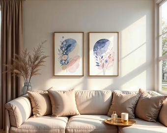 Abstract Floral Print Set of 2: Indigo Blue & Dusty Rose Watercolor Art (Digital Download)