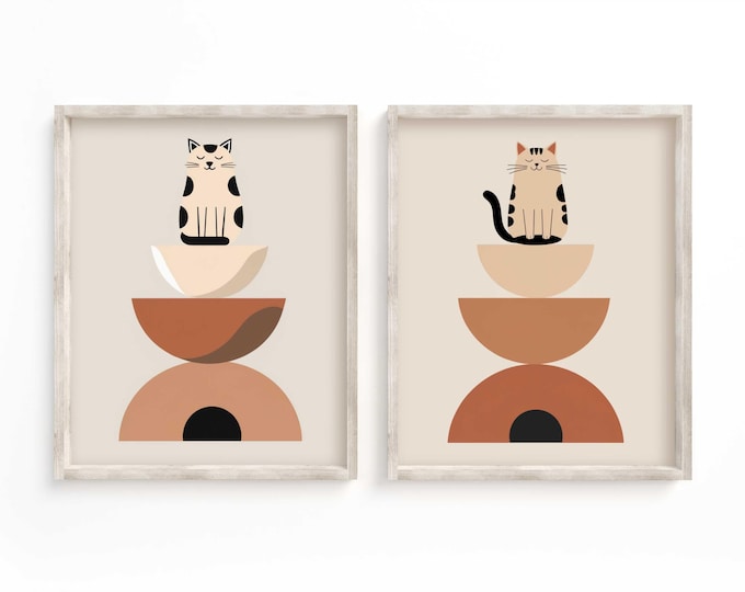 Boho Cat Wall Art Set of 2: Abstract Nursery Decor (Digital Download)