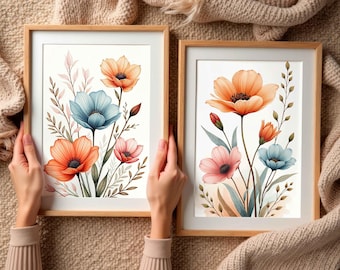 Boho Floral Botanical Wall Art Set, Colorful Watercolor Flower Prints, Blue and Orange Flowers for Living Room or Bedroom (Digital Download)