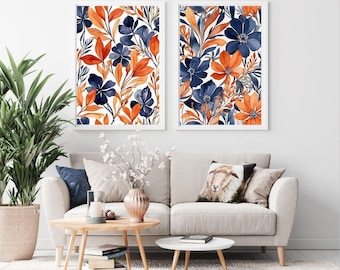 Botanical Wall Art Set of 2, Navy Blue Terracotta Floral Prints, Modern Watercolor Decor, Digital Download