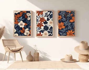 Indigo Blue Botanical Art Set of 3: Modern Floral Wall Art (Digital Download)