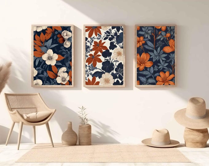 Indigo Blue Botanical Art Set of 3: Modern Floral Wall Art (Digital Download)