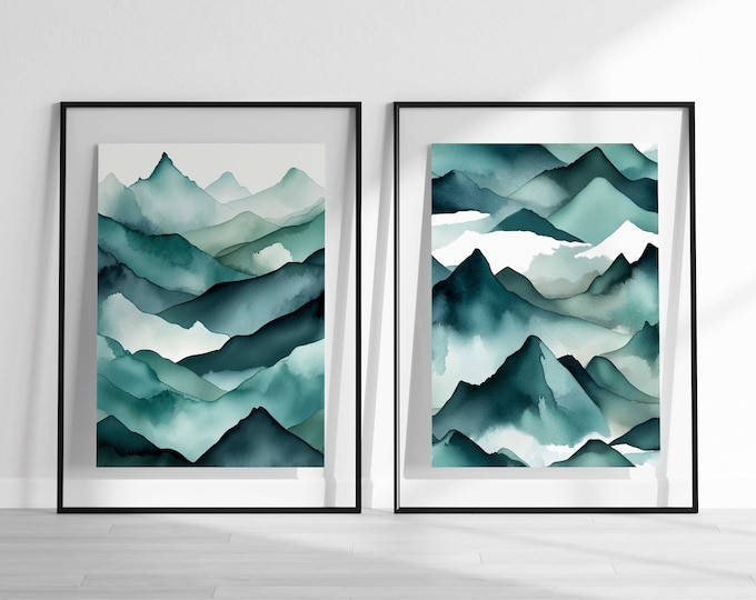 Teal Mountain Landscape Watercolor Abstract Art Print Set (Digital Download