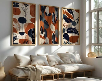 Burnt Orange Navy Botanical Mid Century Wall Art Set