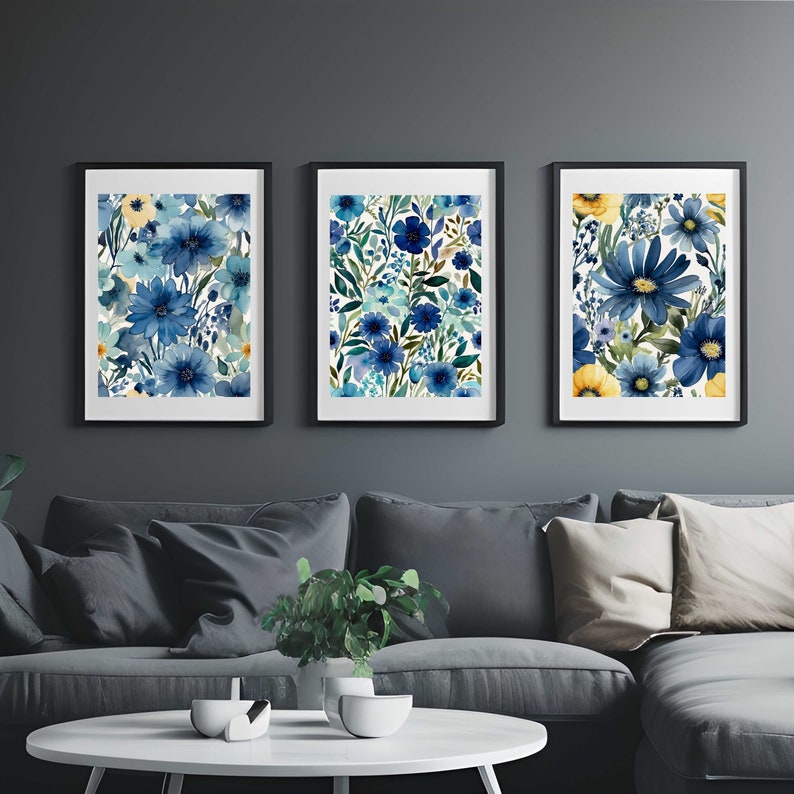 Blue Green Botanical Wall Art Set of 3 Prints: Watercolor Flowers ...