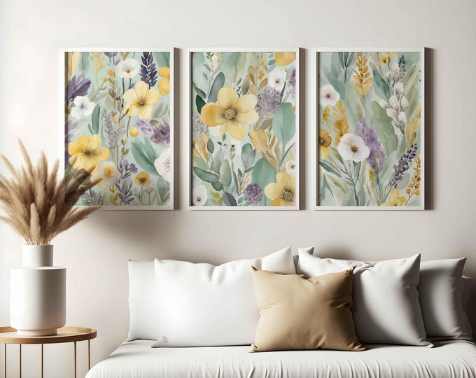 Floral Watercolor Print Set of 3: Yellow Green Purple Botanical Art (Digital Download)