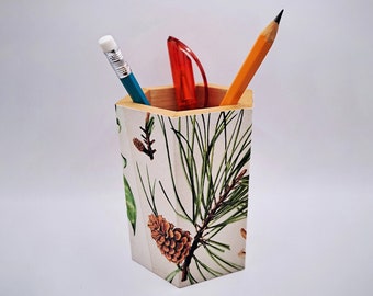 Wooden Pen Holder, Geometric Pencil Holder, Handmade Desk Organizer, Pen Cup with acrylic print, Botanical print, Original Gift