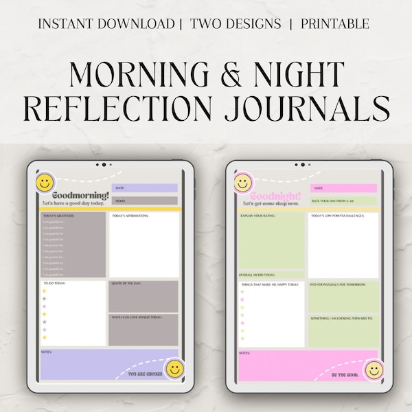 Morning and Night Reflection | Canva Template | ADHD Planner | Downloadable Template | Daily Gratitude | Daily Affirmations | Self Care |