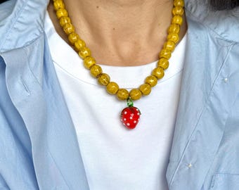 Strawberry Pendant Necklace: Handmade Ceramic Bead & Blown Glass Jewelry