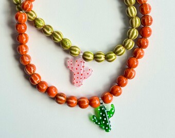 Handmade Ceramic Bead Necklace: Blown Glass Cactus Pendant