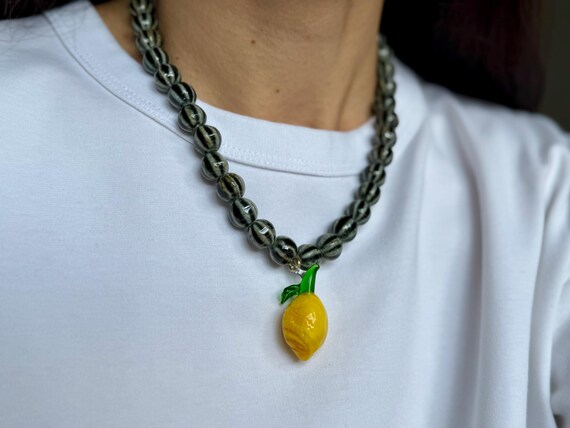 Lemon Pendant Necklace – Handmade Ceramic Bead Necklace, Blown Glass Jewelry, Murano Glass
