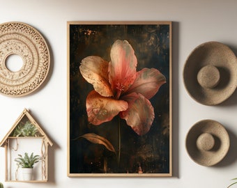 May include: A framed print of a pink flower with a dark background. The flower has a textured, almost metallic appearance. The print is hanging on a white wall in a living room setting.