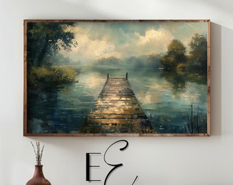 Pintura de muelle escénico en el lago: Arte mural natural en 4K (descarga digital)