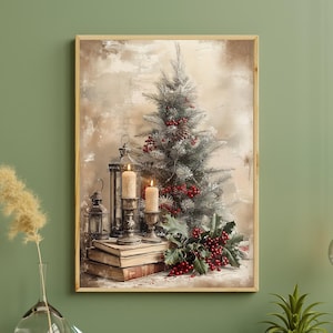 May include: A framed print featuring a Christmas tree with red berries and pinecones, lit candles, and a lantern. The artwork has a vintage aesthetic, with the text "ECHOES & EMBER" at the bottom.