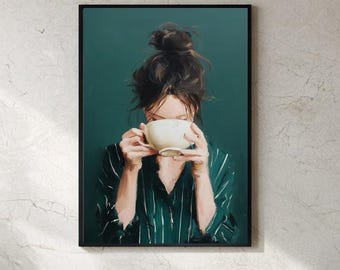 Teal Woman with Coffee Cup Art Print - Nov1025_7