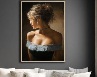 Woman in Blue Dress Portrait – AI Art Print, Elegant Home Decor (Digital Download)