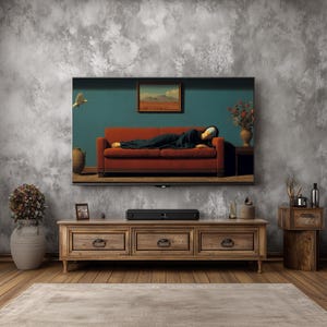 May include: A large flat-screen TV displays a painting of a person resting on a red sofa. The room features a wooden cabinet with drawers, a vase with flowers, and a neutral-colored rug. The wall is a textured gray.