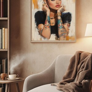 Digital painting of a tattooed woman with floral ink, gold jewelry, and bold makeup in a modern boho style, perfect for alternative decor and feminine empowerment wall art.