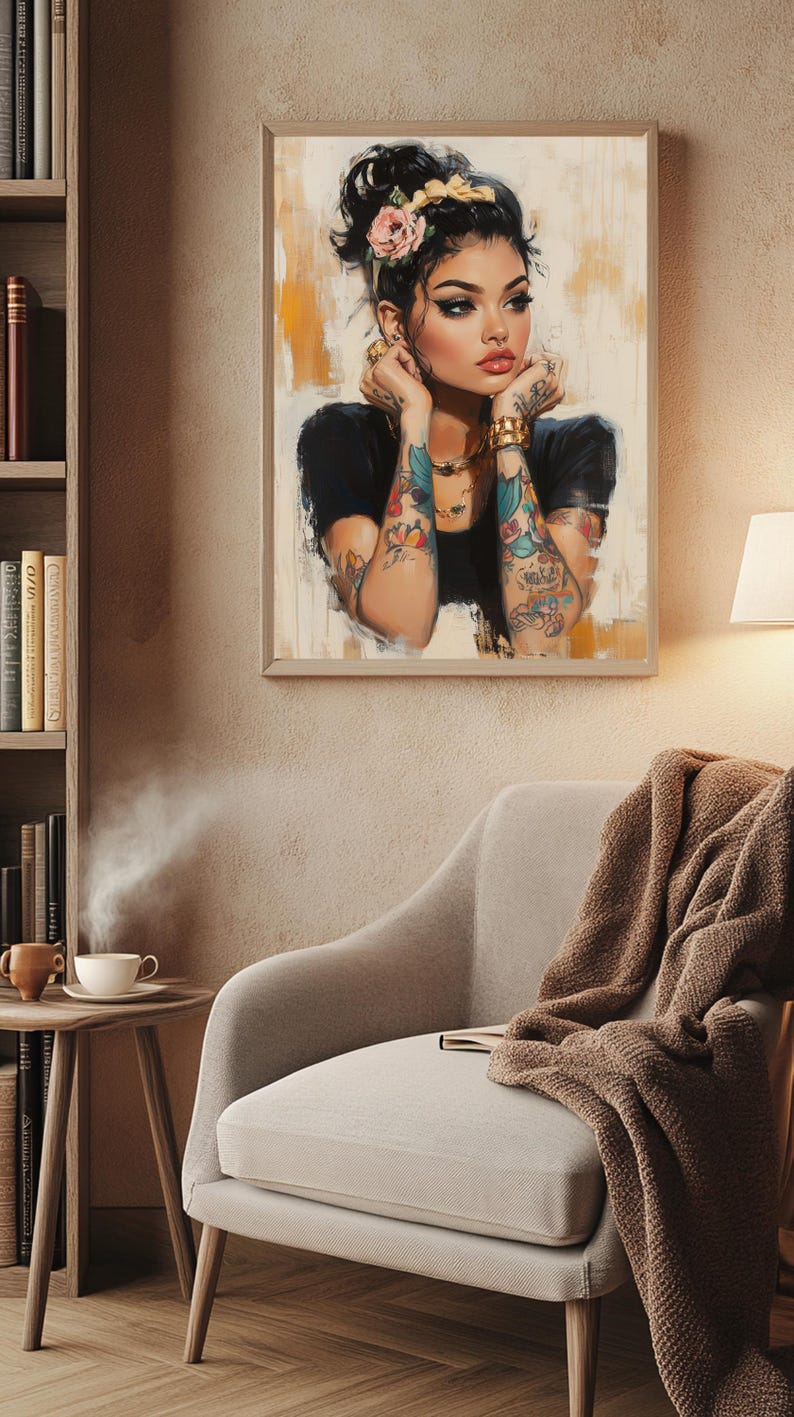 Digital painting of a tattooed woman with floral ink, gold jewelry, and bold makeup in a modern boho style, perfect for alternative decor and feminine empowerment wall art.