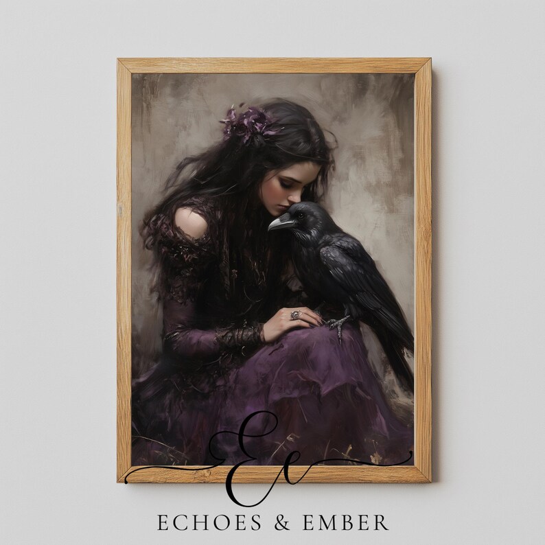 Gothic Woman and Raven Art Print: Dark Purple Witch Decor (digital ...