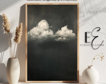 May include: A digital download of a painting depicting two white clouds against a dark gray background. The painting is framed in a light wood frame.