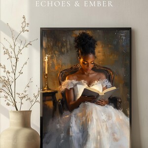 Digital painting of a woman in a vintage gown reading a book by candlelight in a dark, romantic setting, perfect for dark academia and literary-inspired wall decor.