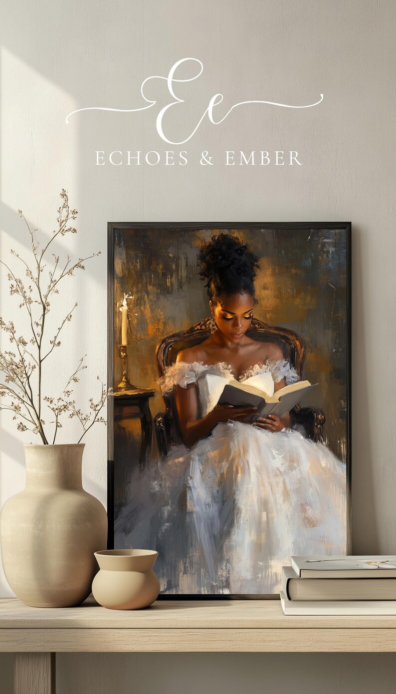 Digital painting of a woman in a vintage gown reading a book by candlelight in a dark, romantic setting, perfect for dark academia and literary-inspired wall decor.