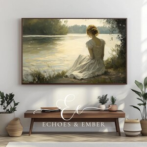 Lady Sitting by a Lake at Sunset Digital Frame Artwork for Samsung Frame TV - Nature Scene 0096