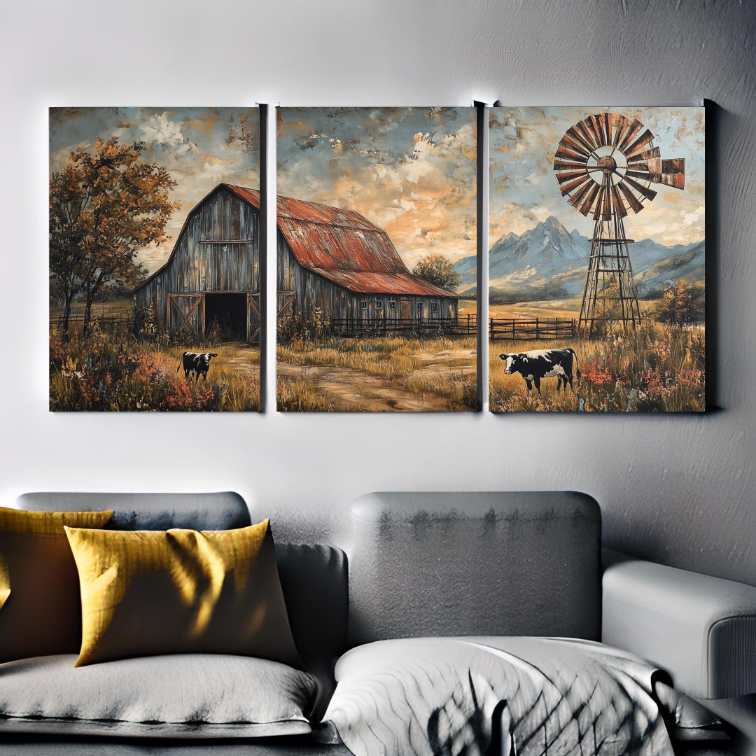 Rustic Farmhouse Wall Art Set of 3 - Barn, Windmill & Countryside ...