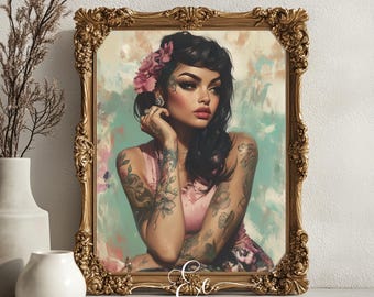 Tattoo Frau Wandkunst | Modernes Boho Porträt | Druckbare Digitaler Download | Alternatives Mädchen Dekor 11140