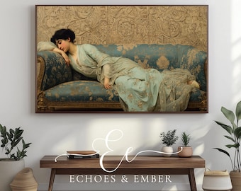 Vintage Woman on Blue Sofa: Victorian Frame TV Art (Digital Download)