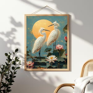 Coastal Interior Design Egret Watercolor Printable, Lotus Pond Sunset Wall Decor, Elegant Bird Digital Download  99025