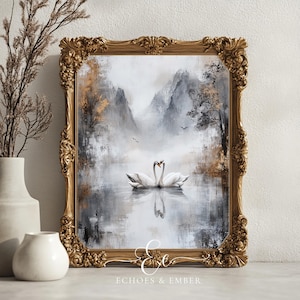 Vintage Swan Lake Print: Rustic Cottagecore Wall Art (Digital Download)