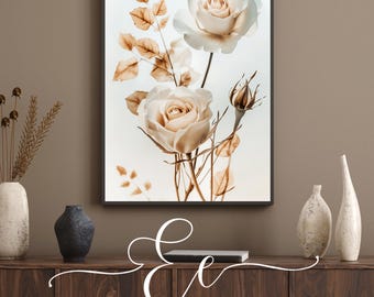 May include: A framed print of a floral arrangement featuring three beige roses and brown leaves on a white background. The print is framed in black and has the text "Echoes & Ember" below the image.
