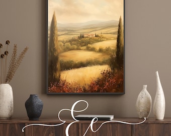Puede incluir: Una pintura enmarcada de un paisaje con colinas onduladas, un pequeño pueblo y dos árboles altos. El cielo es de un azul suave con nubes blancas. La pintura está en un marco negro y está colgada en una pared.