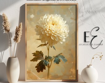 Pintura al óleo vintage de flor de crisantemo, arte botánico / 305