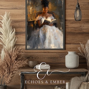 Digital painting of a woman in a vintage gown reading a book by candlelight in a dark, romantic setting, perfect for dark academia and literary-inspired wall decor.