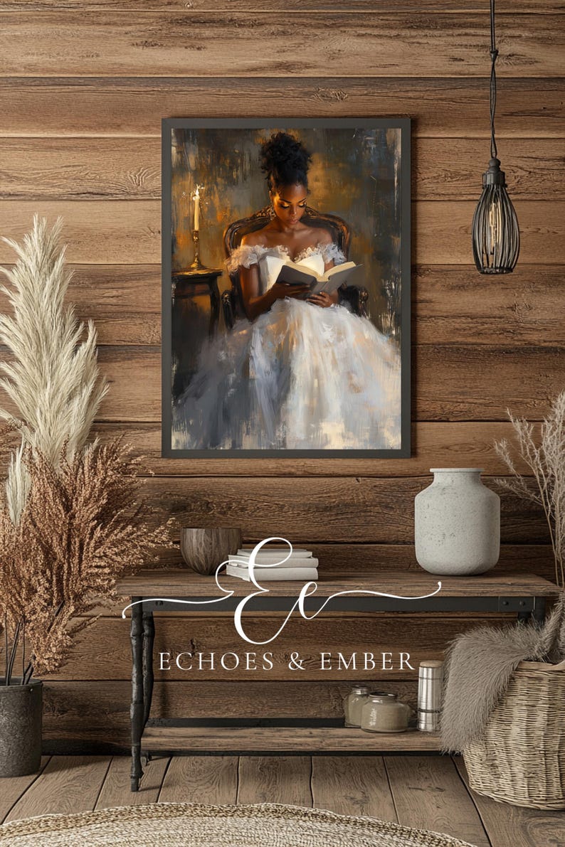 Digital painting of a woman in a vintage gown reading a book by candlelight in a dark, romantic setting, perfect for dark academia and literary-inspired wall decor.