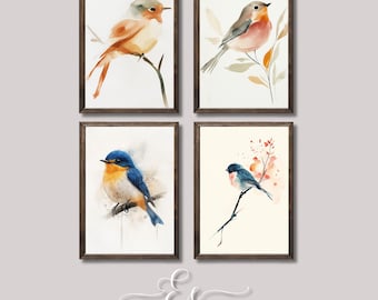 May include: Set of four watercolor paintings featuring different birds perched on branches. Each painting has a white background with subtle watercolor washes and delicate details.