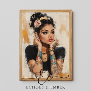 Digital painting of a tattooed woman with floral ink, gold jewelry, and bold makeup in a modern boho style, perfect for alternative decor and feminine empowerment wall art.