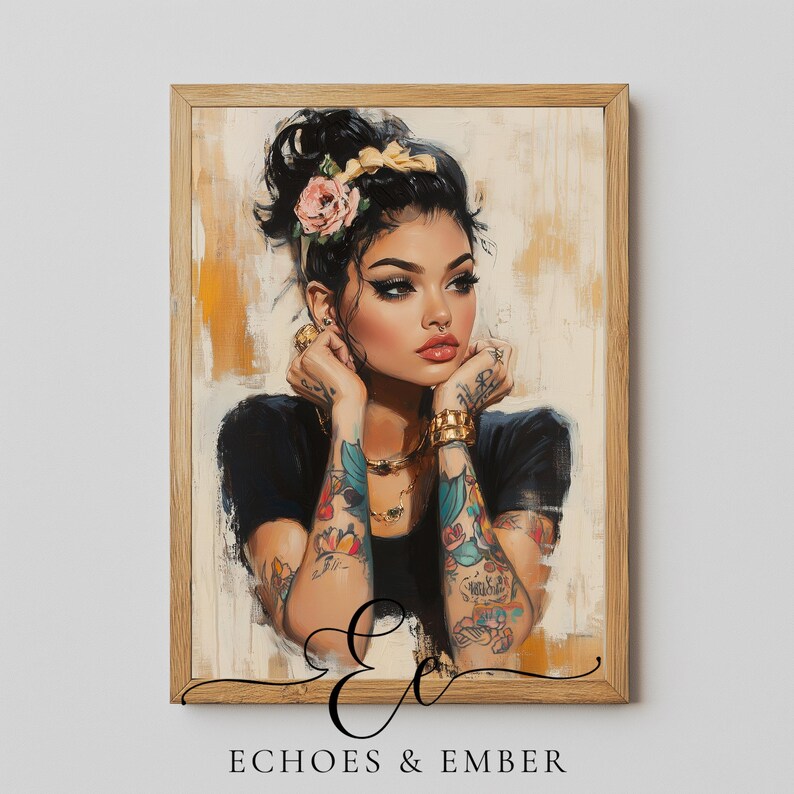 Digital painting of a tattooed woman with floral ink, gold jewelry, and bold makeup in a modern boho style, perfect for alternative decor and feminine empowerment wall art.