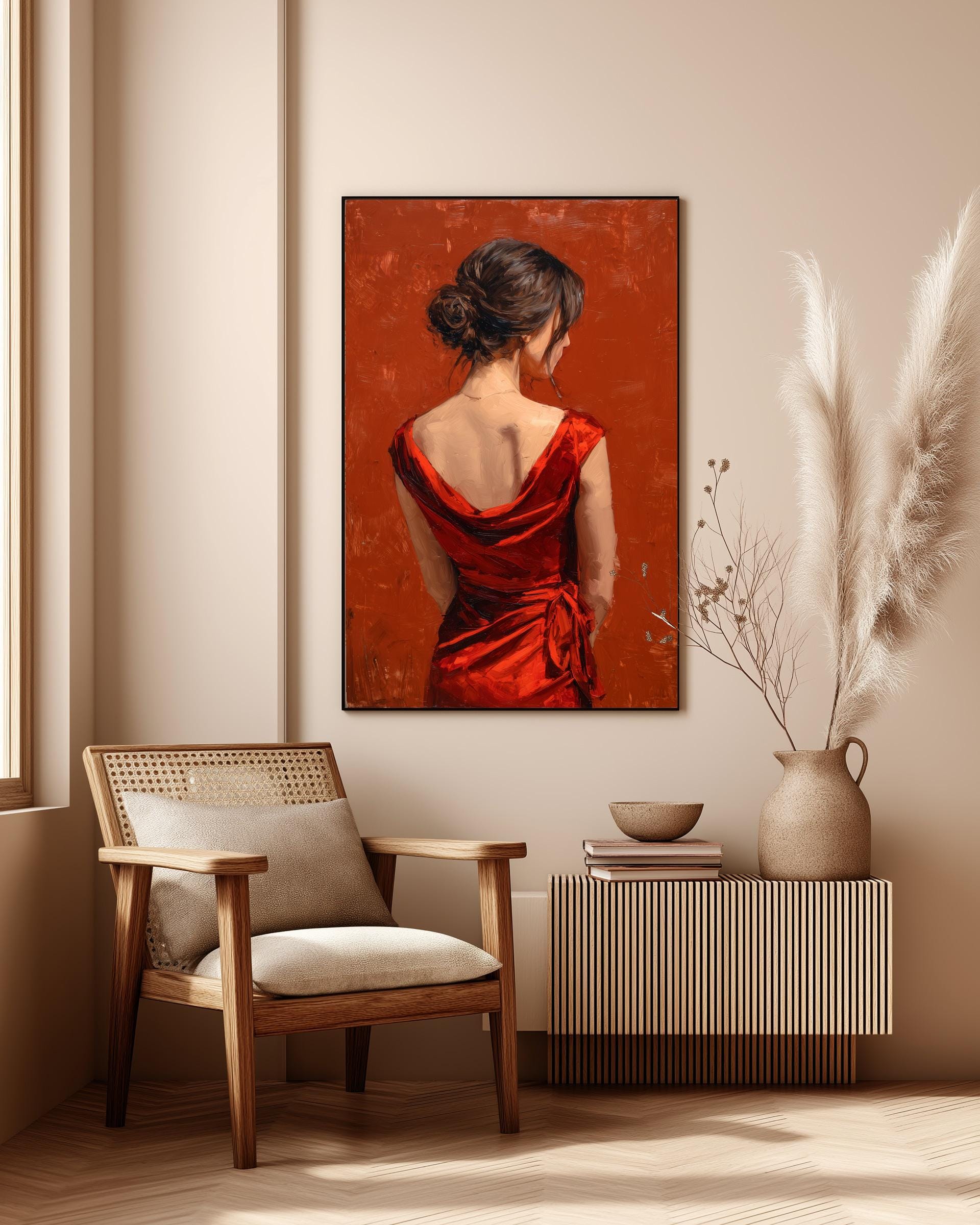 painting of woman in red dress back view Back of Woman in Red Dress Painting Art Print - Digital Download